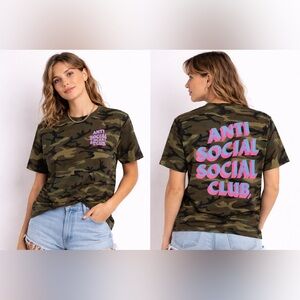 RARE ANTISOCIAL club Camo Graphic Tee with Pink and Blue Text